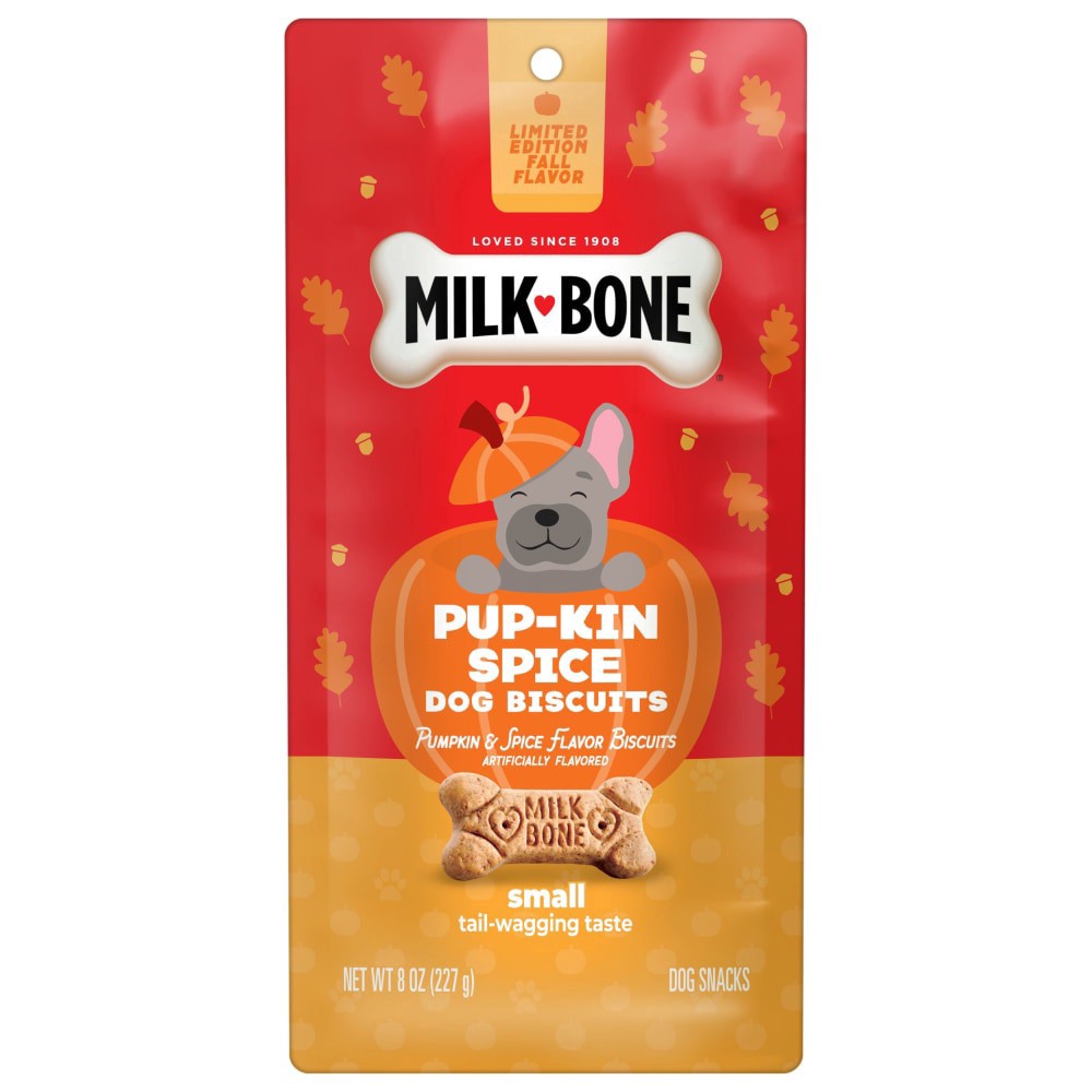 slide 1 of 3, Milk-Bone Pup-Kin Spice Small Bisquits Bag, 8 oz
