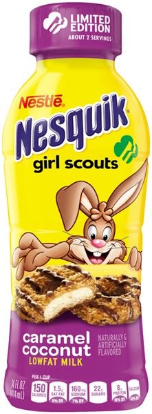 slide 1 of 1, Nestlé Nesquik Girl Scouts Caramel Coconut Flavored Low Fat Milk, 14 fl oz