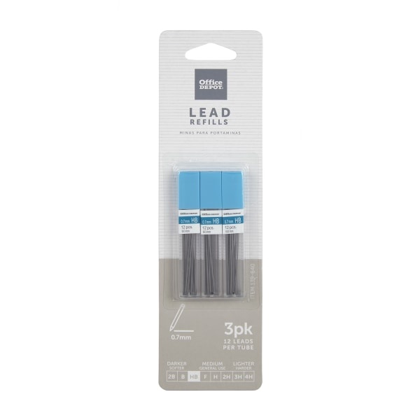 slide 1 of 2, Office Depot Lead Refills, 0.7 Mm, Hb Hardness, Tube Of 12 Leads, Pack Of 3 Tubes, 3 ct