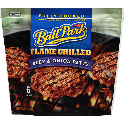 slide 12 of 16, Ball Park Fully Cooked Flame Grilled Beef and Onion Patties, 459.26 g