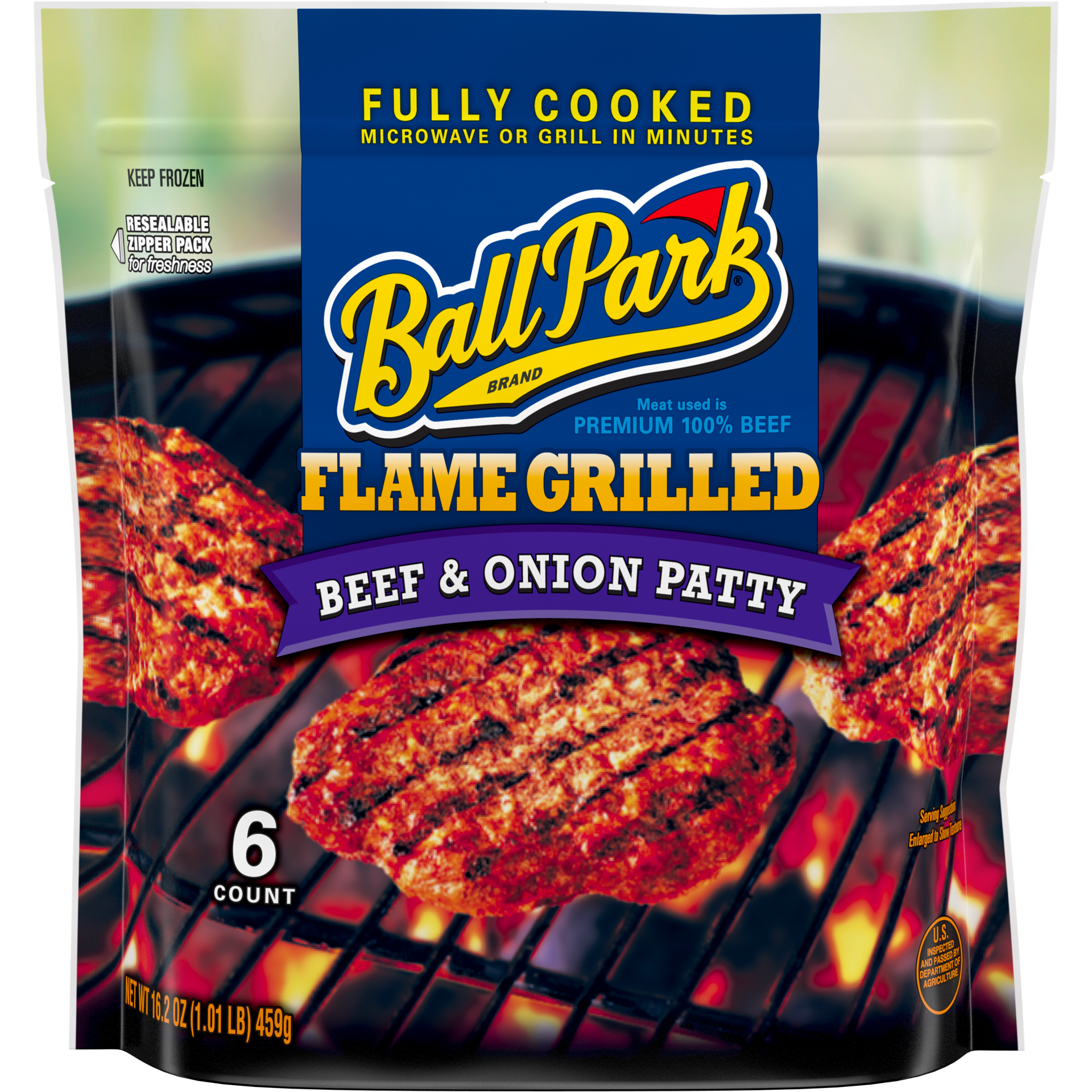 slide 1 of 16, Ball Park Fully Cooked Flame Grilled Beef and Onion Patties, 459.26 g