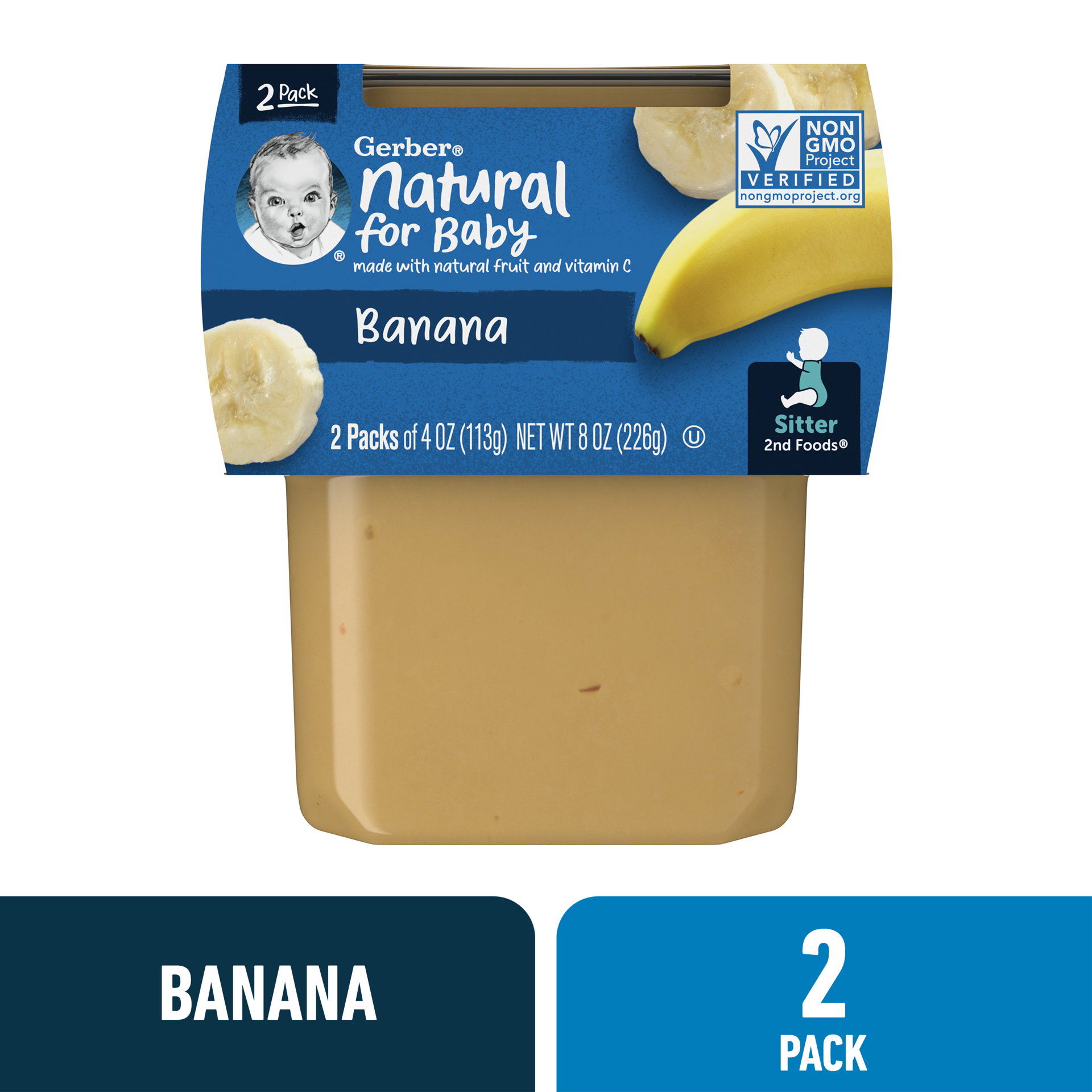 slide 1 of 9, Gerber Stage 2 Baby Food, Banana Puree, 4 oz Tubs (2 Pack), 8 oz