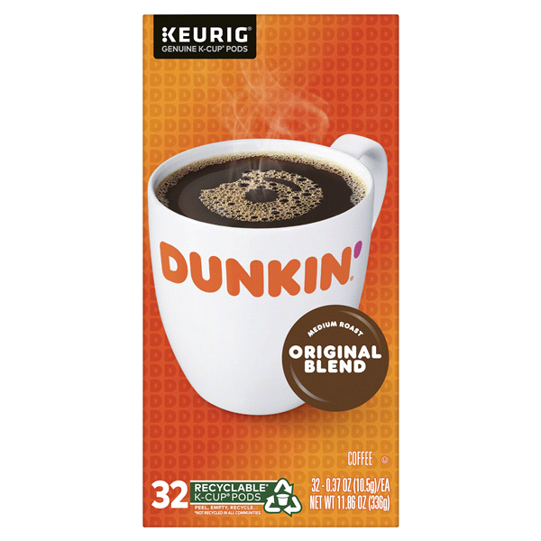 slide 3 of 13, Dunkin' Original Blend Coffee, Medium Roast, Keurig K-Cup Pods, 32 Count Box, 32 ct