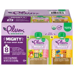 Plum Organics Tots Mighty 4 Food Group Blend Strawberry, Banana, Greek Yogurt, Oat + Kale & Banana, Blueberry, Sweet Potato, Carrot, Greek Yogurt + Millet 4oz Pouch-8-Pack