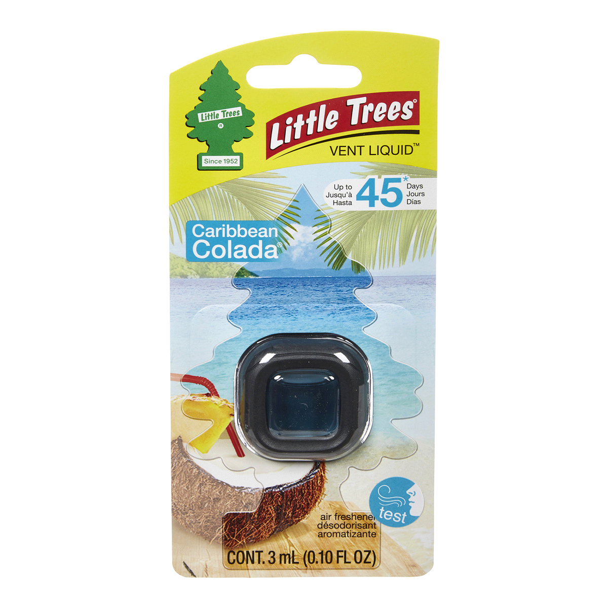 slide 1 of 4, Little Tree Vent Liquid Caribbean Colada is an escape to a tropical island with juicy pineapple and sweet coconut, 3 ml