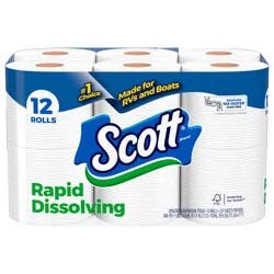 Scott Rapid-Dissolving Toilet Paper, 12 Double Rolls, Sustainable, Septic-Safe, Toilet Paper