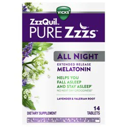 Vicks ZzzQuil PURE Zzzs All Night Extended Release Melatonin, Sleep Aid, Melatonin 2mg, Stay Asleep Longer, Melatonin Sleep Aids for Adults, 14 Sleep Tablets