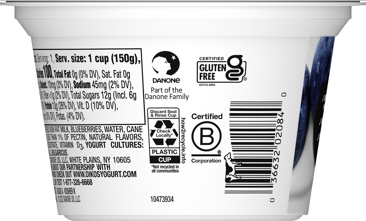 slide 2 of 13, Oikos Blended Blueberry Nonfat Greek Yogurt, 13g Protein, 100 Calories and 0% Milk Fat, High Protein Yogurt, 5.3 OZ Cup, 5.3 oz