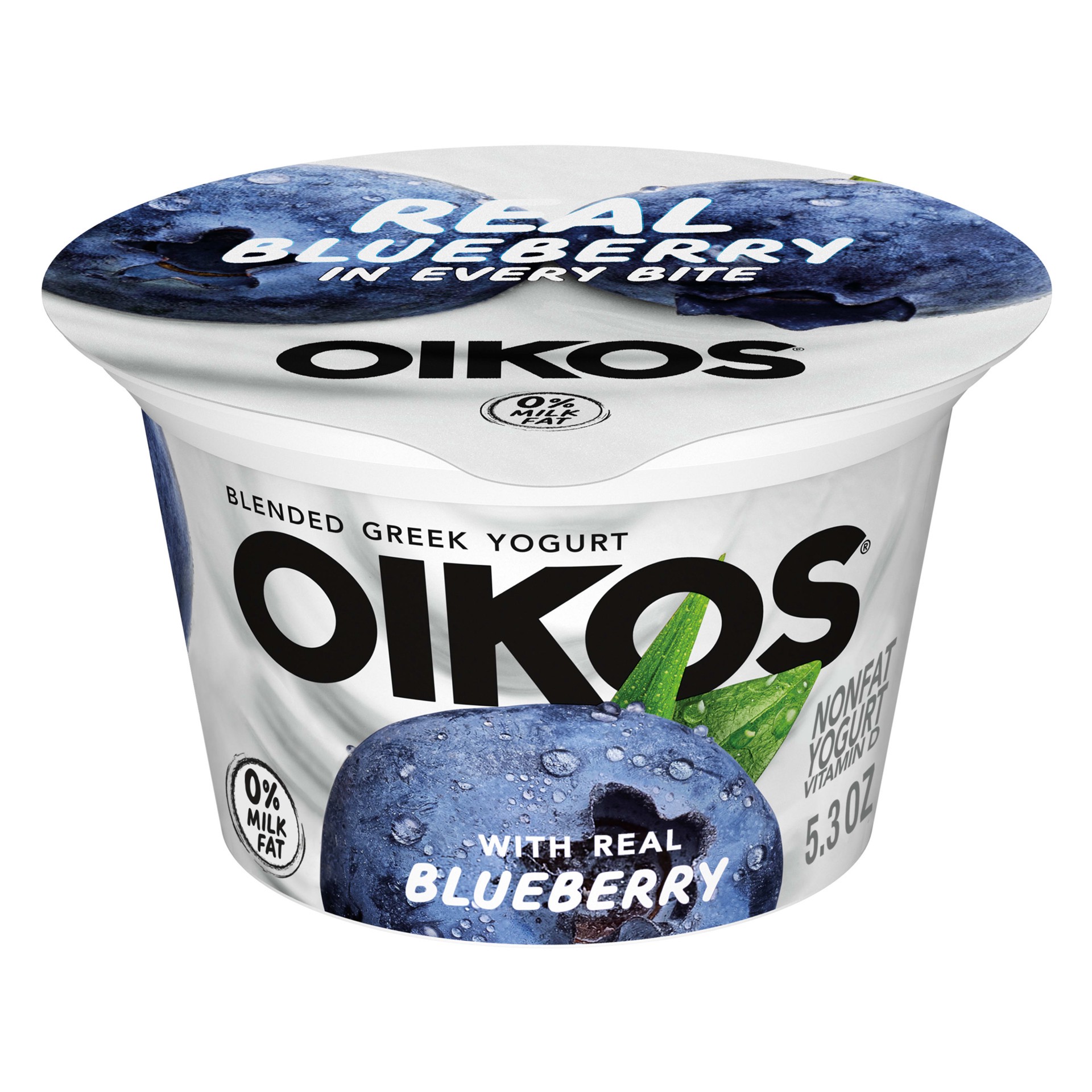 slide 1 of 13, Oikos Blended Blueberry Nonfat Greek Yogurt, 13g Protein, 100 Calories and 0% Milk Fat, High Protein Yogurt, 5.3 OZ Cup, 5.3 oz