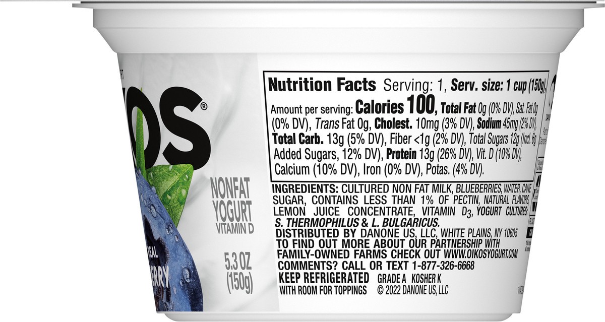 slide 4 of 13, Oikos Blended Blueberry Nonfat Greek Yogurt, 13g Protein, 100 Calories and 0% Milk Fat, High Protein Yogurt, 5.3 OZ Cup, 5.3 oz