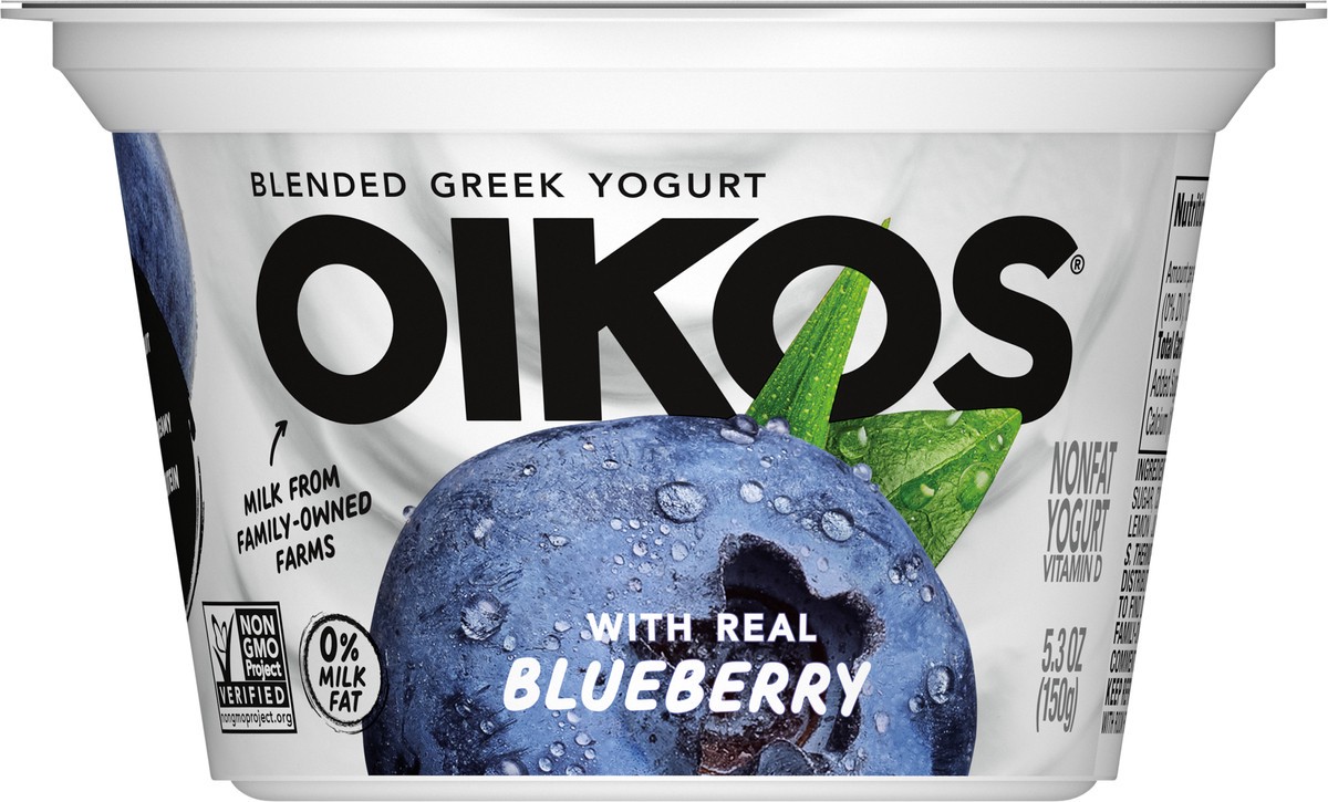 slide 3 of 13, Oikos Blended Blueberry Nonfat Greek Yogurt, 13g Protein, 100 Calories and 0% Milk Fat, High Protein Yogurt, 5.3 OZ Cup, 5.3 oz