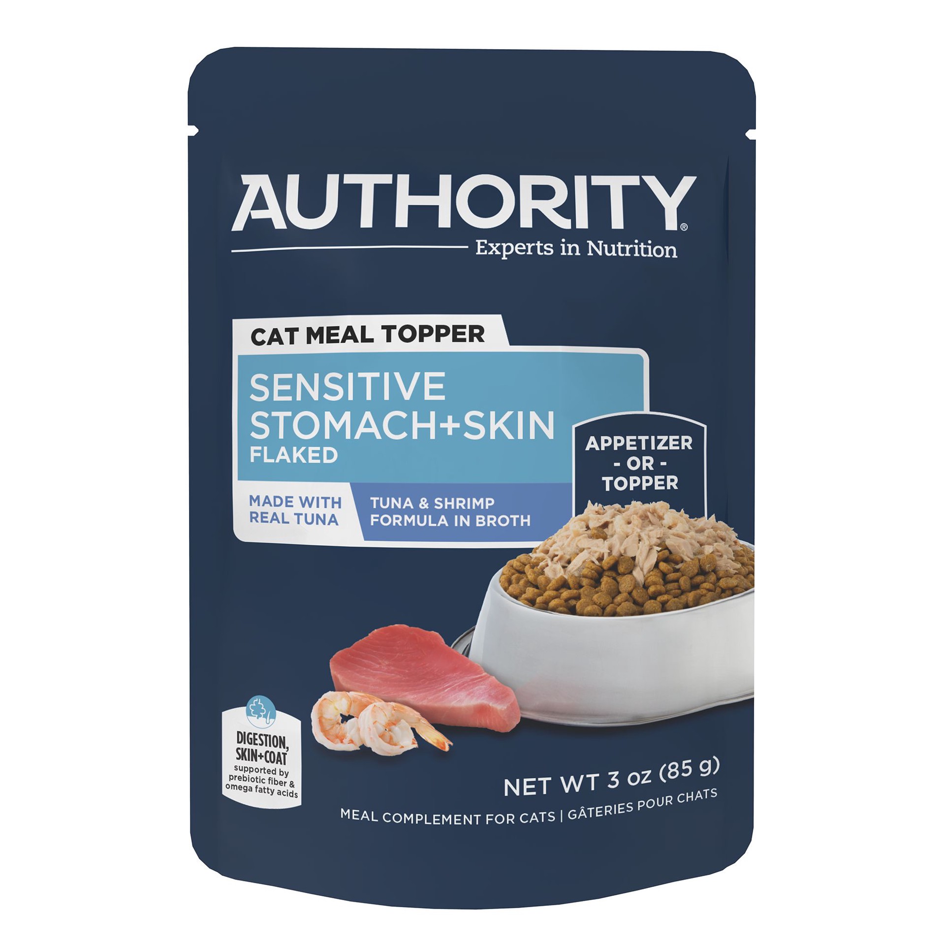 slide 1 of 1, Authority Sensitive Stomach + Skin Support Tuna & Shrimp Formula in Broth Flaked Cat Meal Topper3oz, 3 oz