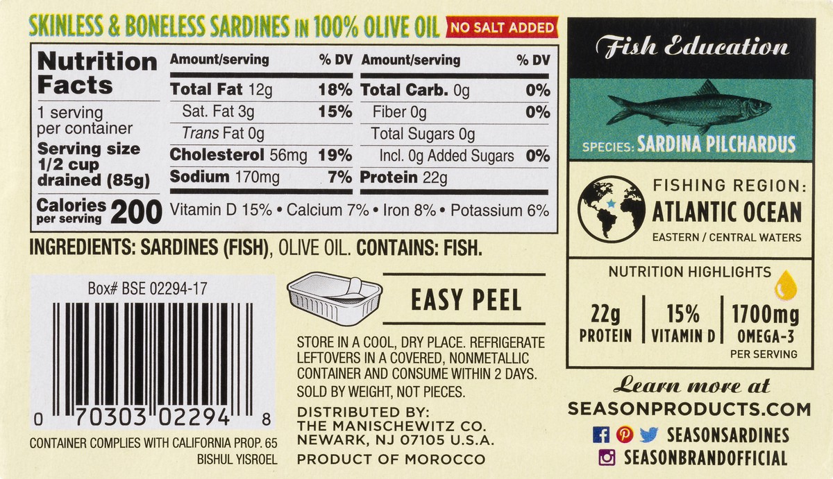 slide 5 of 9, Season In 100% Olive Oil No Salt Added Sardines 4.375 oz, 4.38 oz