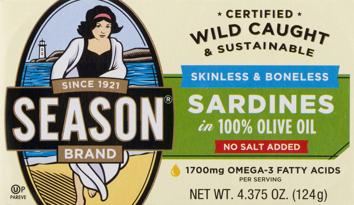 slide 6 of 9, Season In 100% Olive Oil No Salt Added Sardines 4.375 oz, 4.38 oz