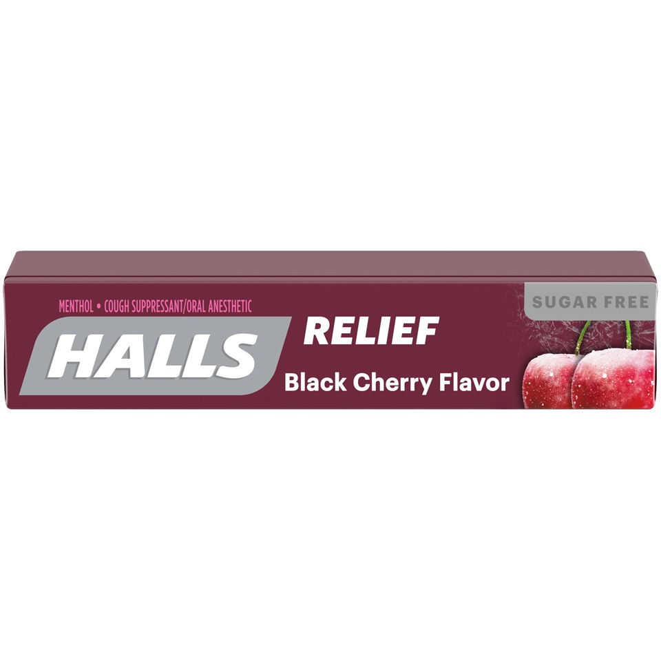 slide 2 of 7, Halls Sugar-Free Black Cherry Cough Suppressant/Oral Anesthetic Menthol Drops, 9 ct