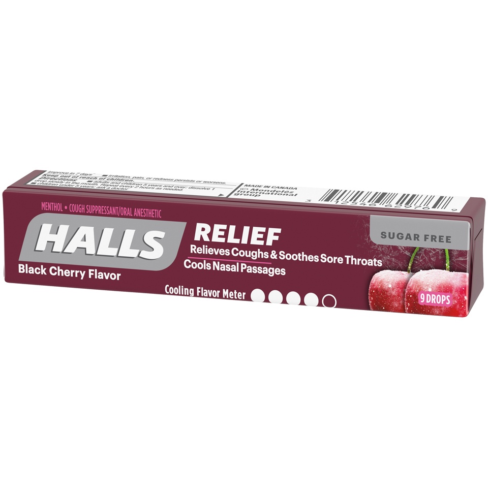 slide 4 of 7, Halls Sugar-Free Black Cherry Cough Suppressant/Oral Anesthetic Menthol Drops, 9 ct