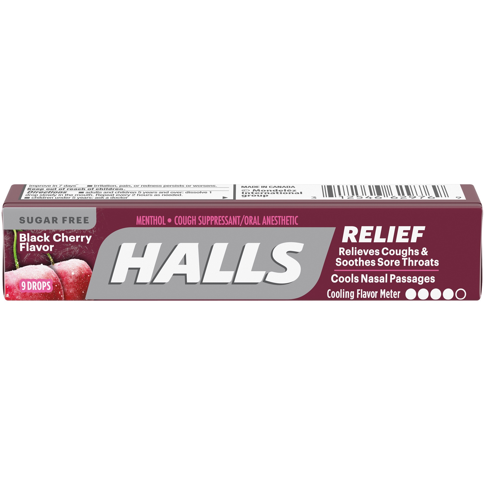 slide 1 of 3, HALLS Relief Sugar Free Black Cherry Flavor Cough Drops, 1 Stick (9 Total Drops), 0.07 lb
