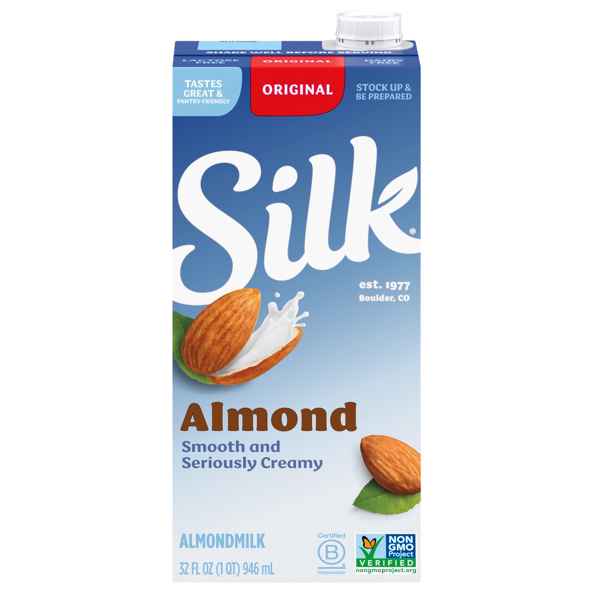 slide 1 of 9, Silk Shelf-Stable Almond Milk, Original, Dairy-Free, Vegan, Non-GMO Project Verified, 1 Quart, 1 qt