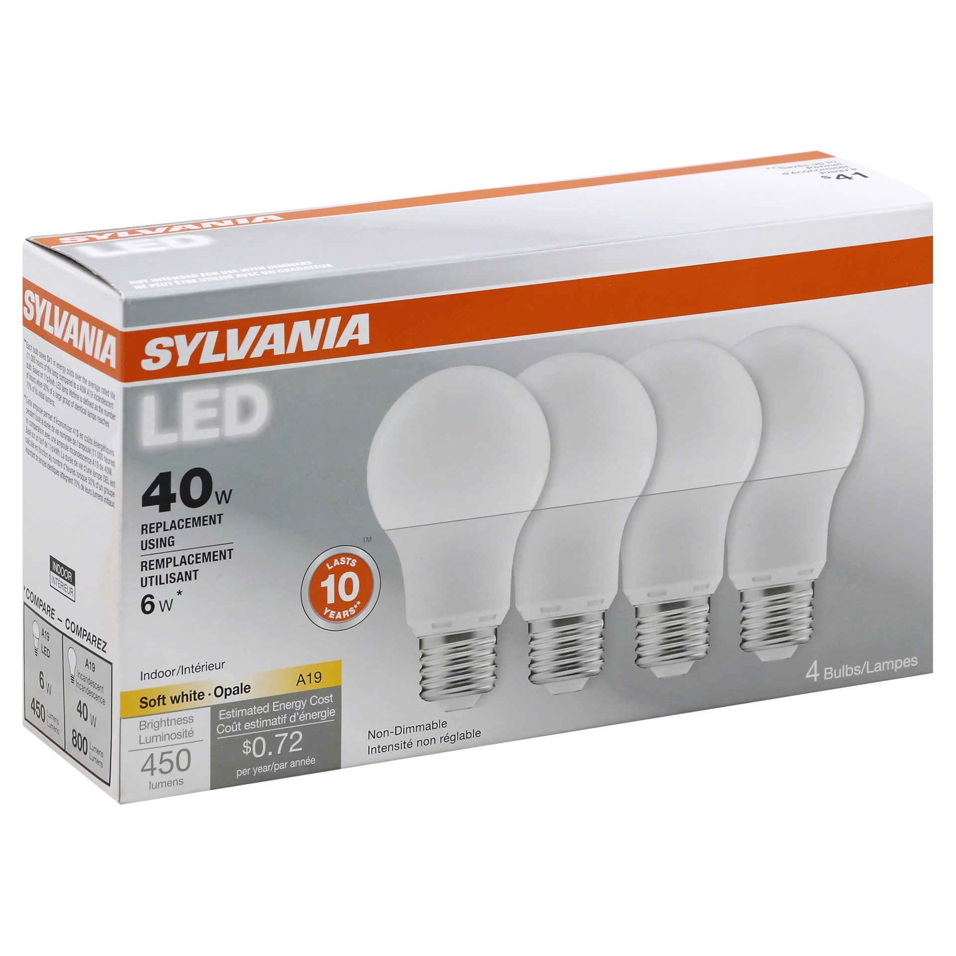 slide 1 of 1, Sylvania A19 LED 40 Watts Soft White Bulbs, 4 ct