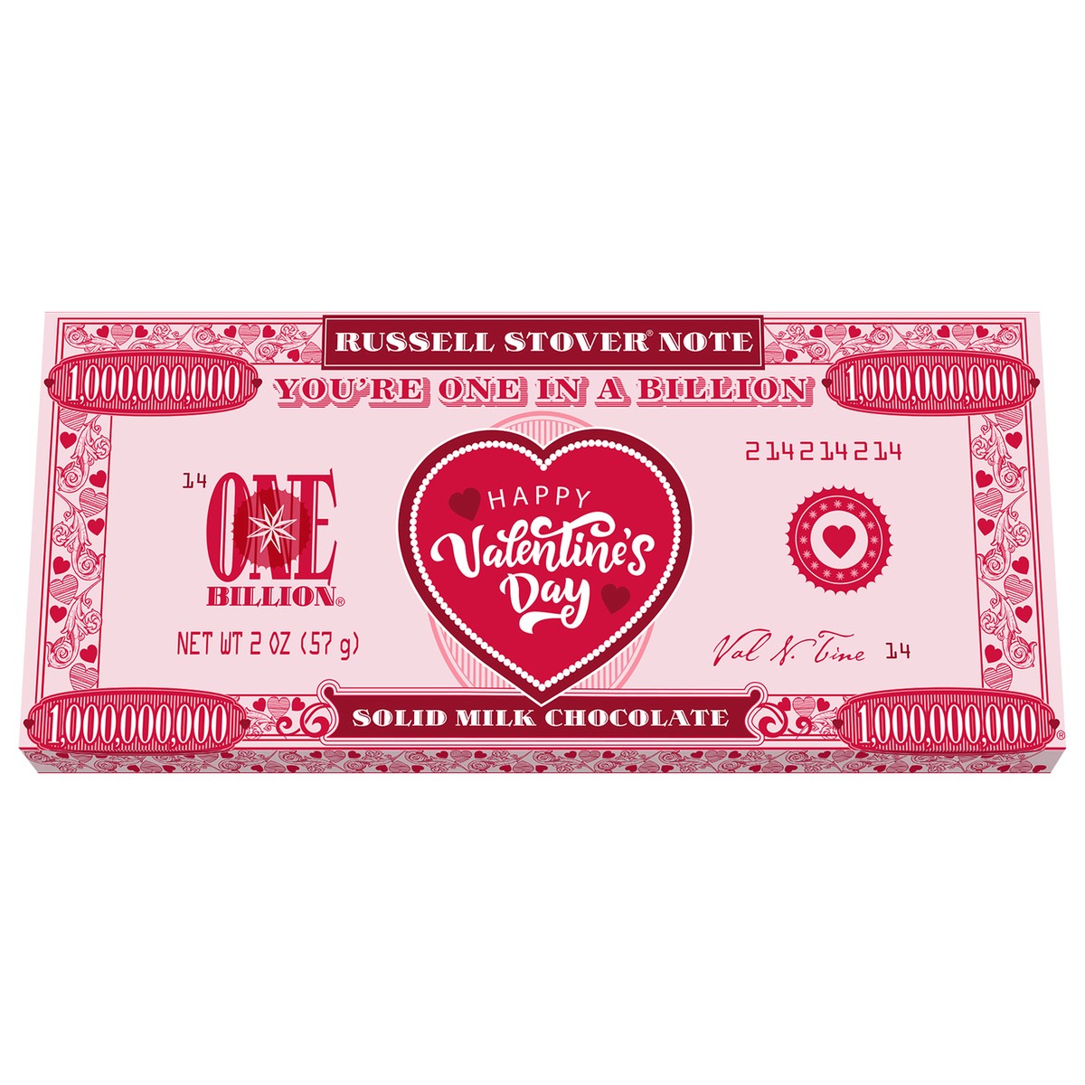 slide 1 of 7, RUSSELL STOVER Valentine's Day One in a Billion Solid Milk Chocolate Bar, 2 oz., 2 oz