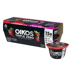Oikos Triple Zero Strawberry and Mixed Berry Nonfat Greek Yogurt Pack, 0% Fat, 0g Added Sugar and 0 Artificial Sweeteners, Just Delicious High Protein Yogurt, 6 Ct, 5.3 OZ Cups