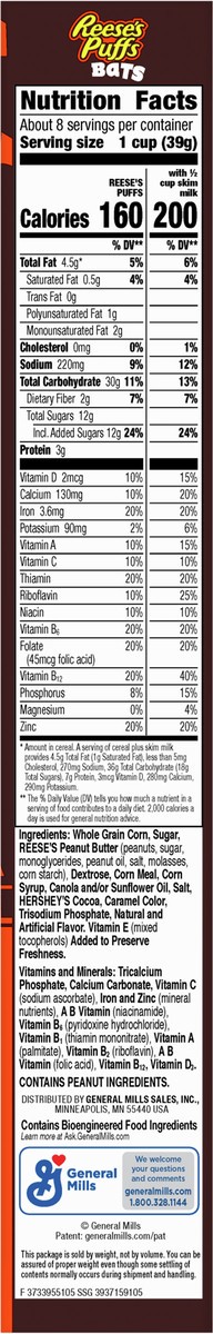 slide 6 of 14, Reese's Puffs Bats, Chocolatey Peanut Butter Cereal, Kids Breakfast Cereal, Halloween Edition, Made with Whole Grain, 11.5 oz, 11.5 oz