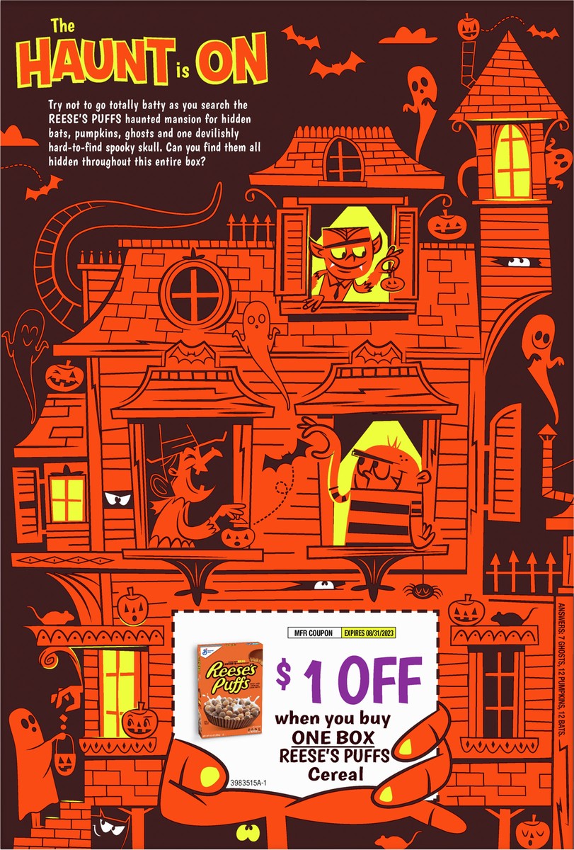 slide 2 of 14, Reese's Puffs Bats, Chocolatey Peanut Butter Cereal, Kids Breakfast Cereal, Halloween Edition, Made with Whole Grain, 11.5 oz, 11.5 oz