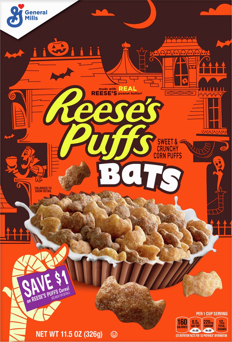 slide 4 of 14, Reese's Puffs Bats, Chocolatey Peanut Butter Cereal, Kids Breakfast Cereal, Halloween Edition, Made with Whole Grain, 11.5 oz, 11.5 oz