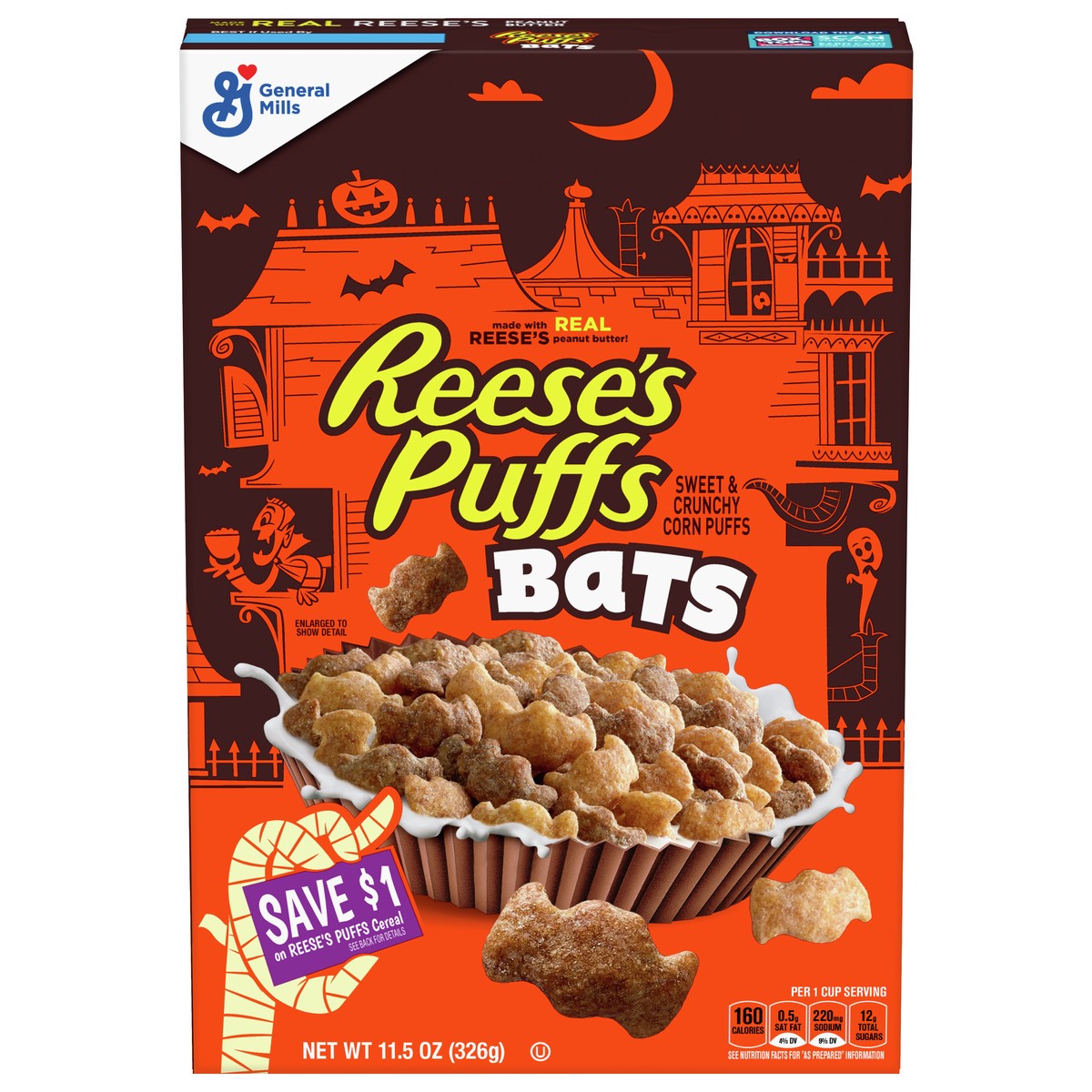 slide 7 of 14, Reese's Puffs Bats, Chocolatey Peanut Butter Cereal, Kids Breakfast Cereal, Halloween Edition, Made with Whole Grain, 11.5 oz, 11.5 oz