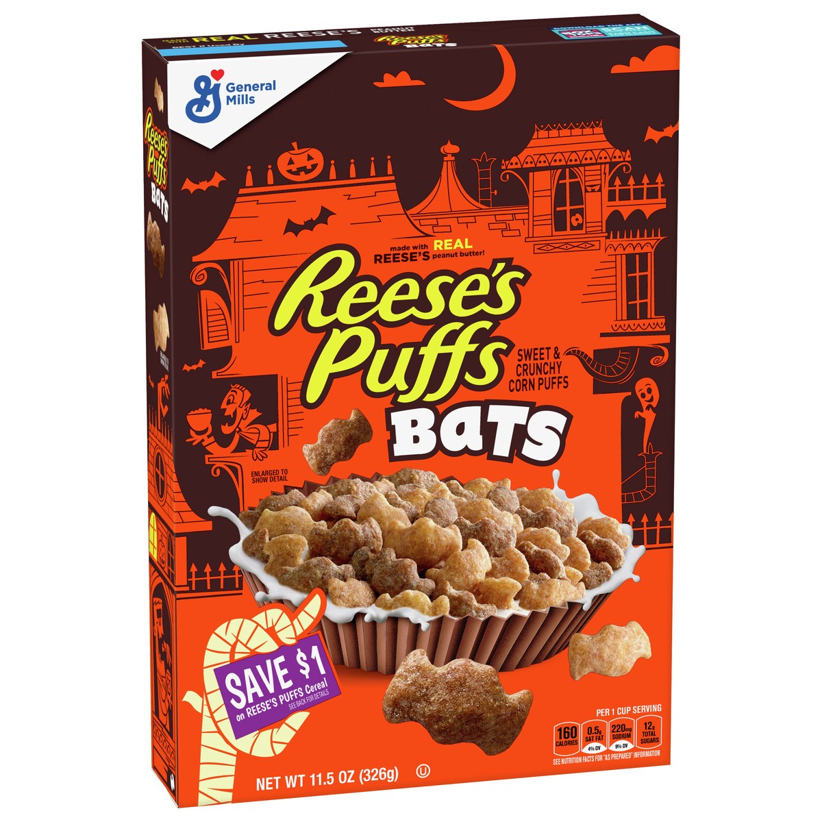 slide 3 of 14, Reese's Puffs Bats, Chocolatey Peanut Butter Cereal, Kids Breakfast Cereal, Halloween Edition, Made with Whole Grain, 11.5 oz, 11.5 oz