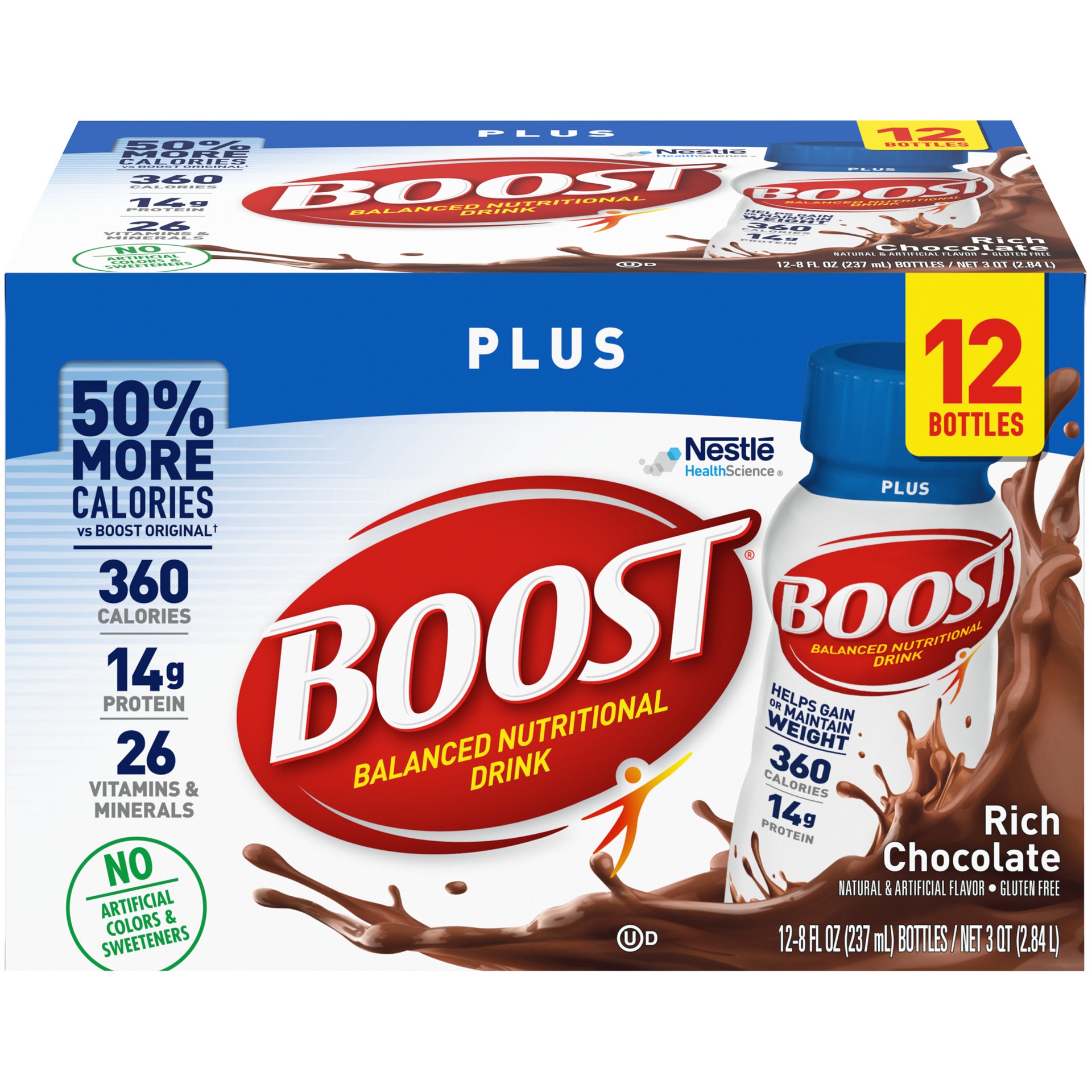 slide 1 of 1, BOOST PLUS Nutritional Drink, Rich Chocolate, 14g Protein, 12-8 fl oz Bottles, 12 ct; 8 fl oz