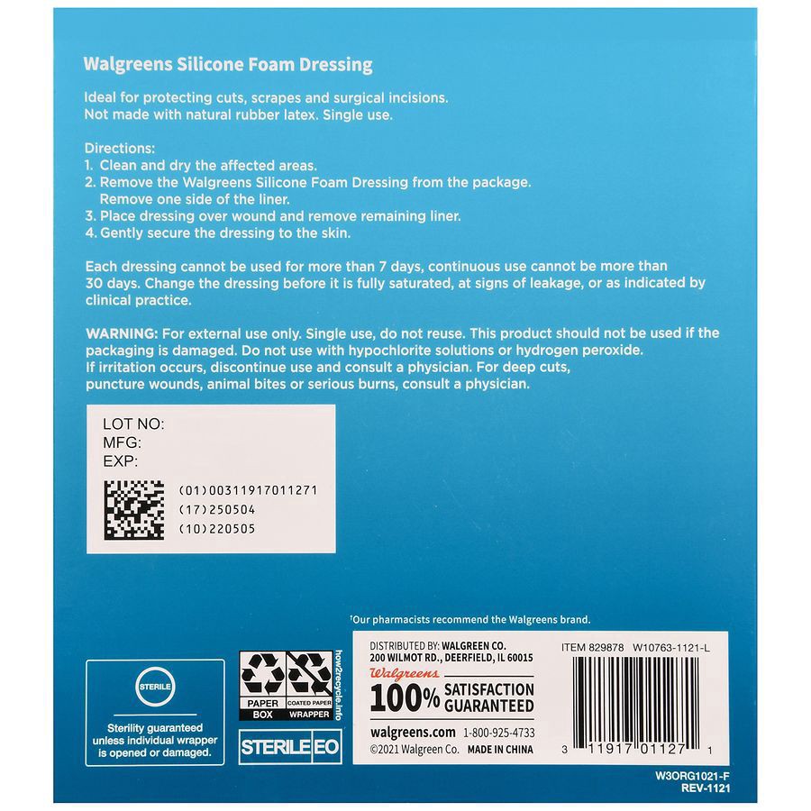 slide 5 of 5, Walgreens Silicone Foam Dressings, 4 in x 4 in, 3 ct
