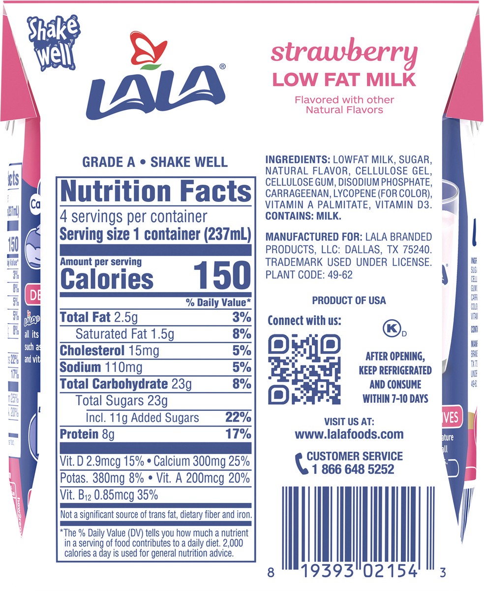 slide 4 of 12, LALA Low Fat Strawberry Milk 4 - 8 fl oz Packs, 4 ct