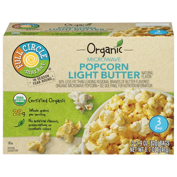 slide 1 of 1, Full Circle Market Organic Microwave Light Butter Popcorn 3 - 2.9 oz Bags, 3 ct