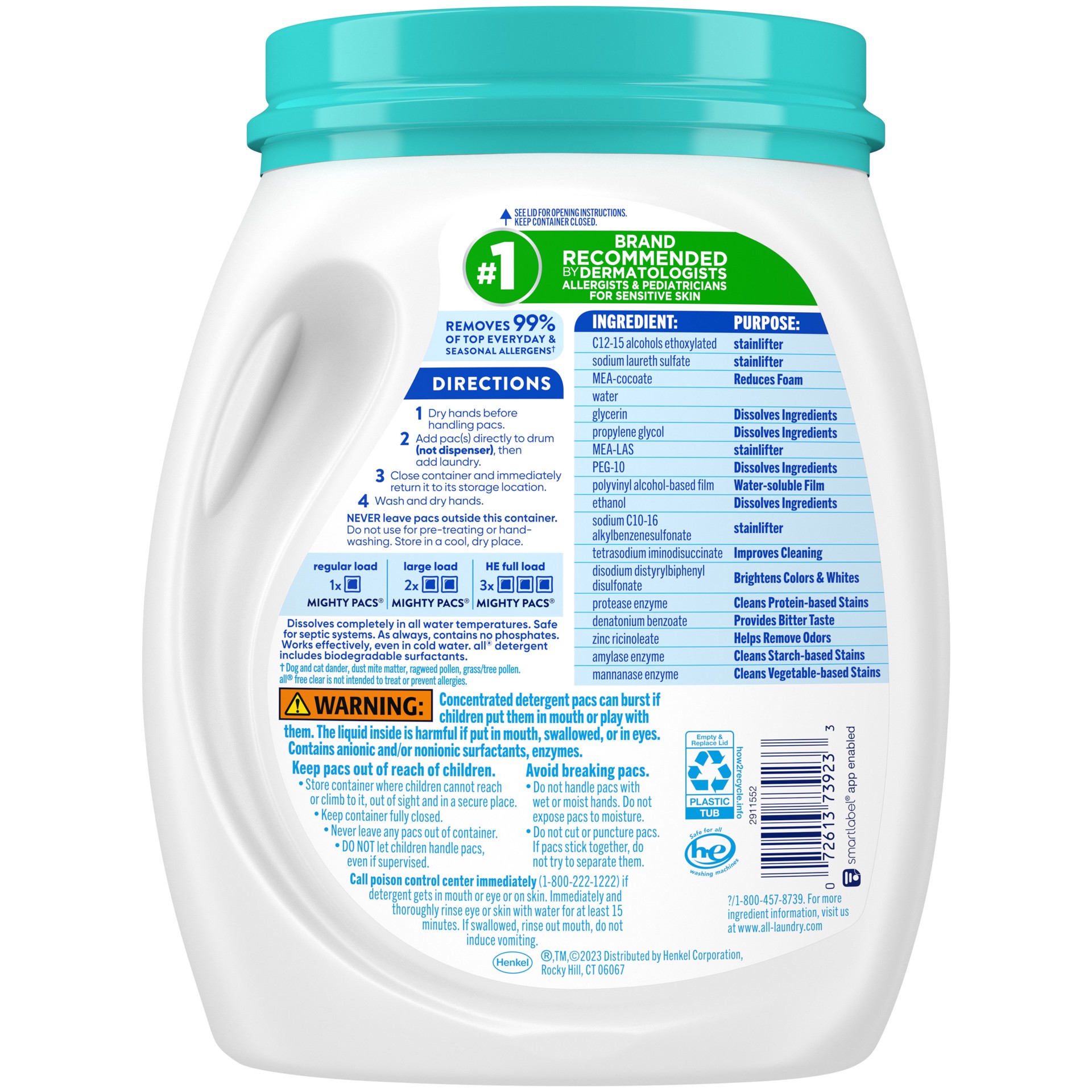 slide 1 of 5, All Mighty Pacs Laundry Detergent, Free Clear Odor Relief, Tub, 56 Count, 56 ct