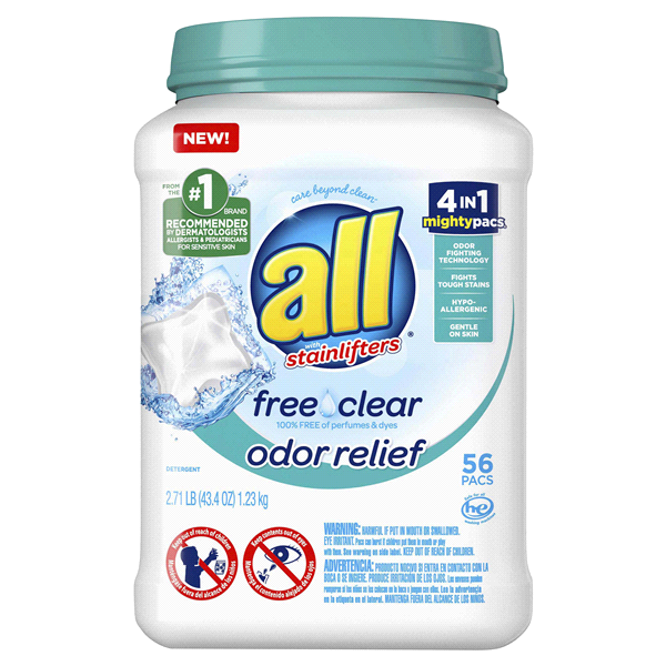 slide 1 of 3, All With Stainlifters Free & Clear Odor Relief Laundry Detergent Pacs, 56 ct