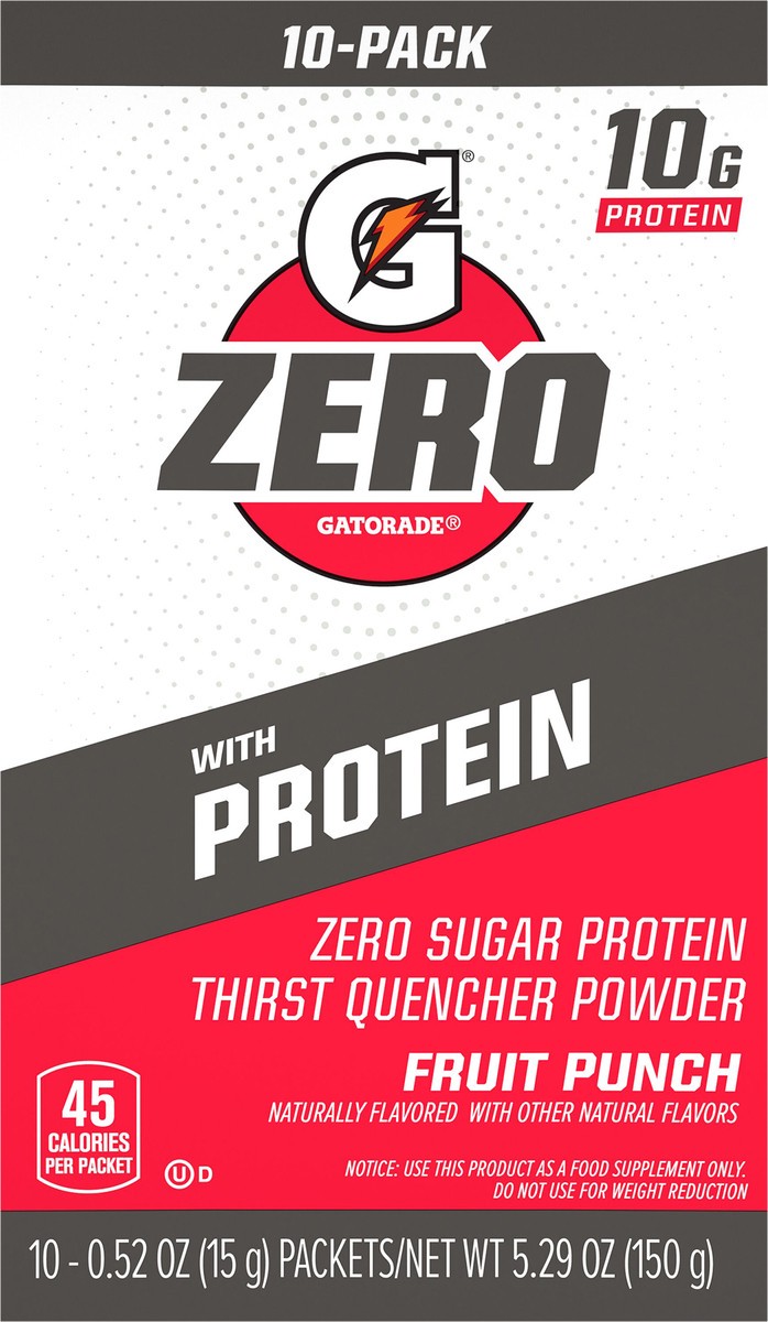slide 3 of 11, Gatorade Zero Zero Sugar Protein Thgirst Quencher Powder Fruit Punch 0.52 Oz 10 Count, 10 ct