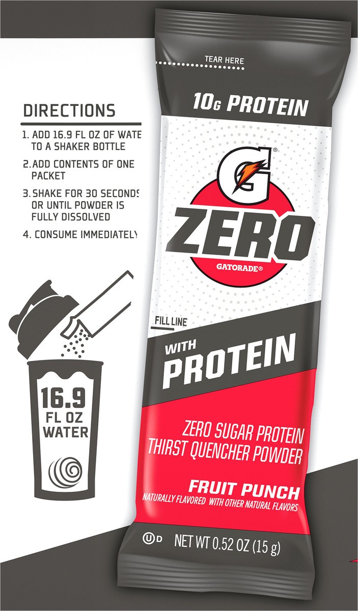 slide 7 of 11, Gatorade Zero Zero Sugar Protein Thgirst Quencher Powder Fruit Punch 0.52 Oz 10 Count, 10 ct