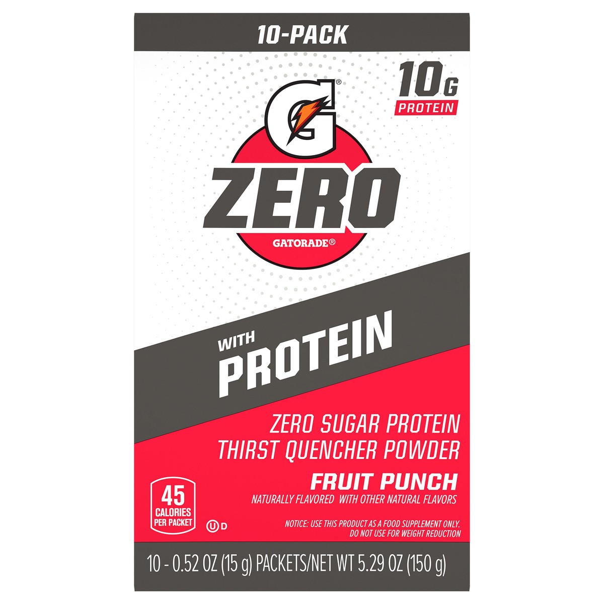slide 5 of 11, Gatorade Zero Zero Sugar Protein Thgirst Quencher Powder Fruit Punch 0.52 Oz 10 Count, 10 ct