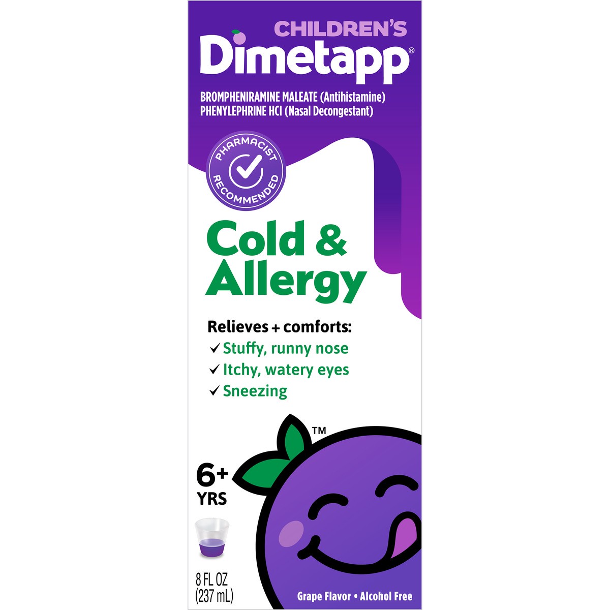 slide 7 of 9, Dimetapp Cold & Allergy, Grape Flavor, Alcohol-Free, 8 fl oz