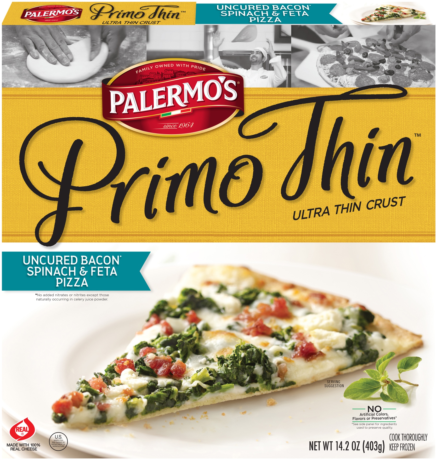 slide 1 of 1, Palermo's Ultra Thin Crust Uncured Bacon* Spinach & Feta Pizza, 14.2 oz