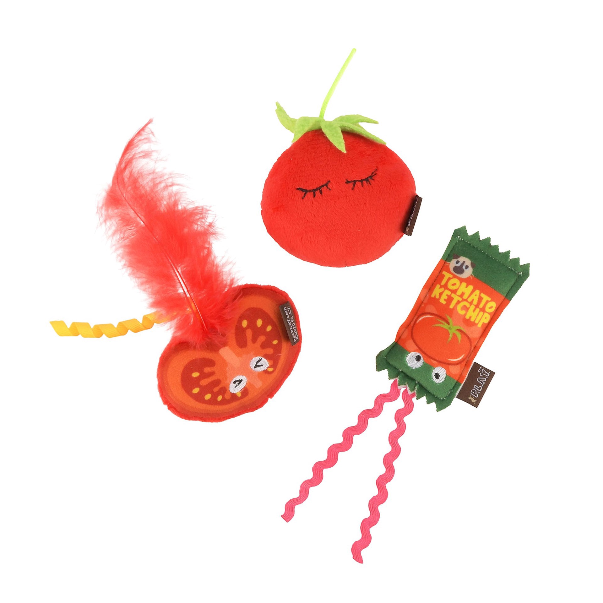 slide 1 of 1, P.L.A.Y PET LIFESTYLE Feline Frenzy Toma-toe Beans Cat Toy, Small, Pack of 3, SM