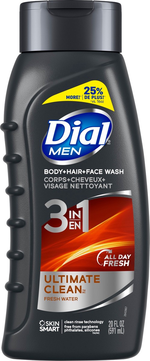 slide 2 of 3, Dial Men 3in1 Body, Hair and Face Wash, Ultimate Clean, 20 fl oz, 2.6 oz