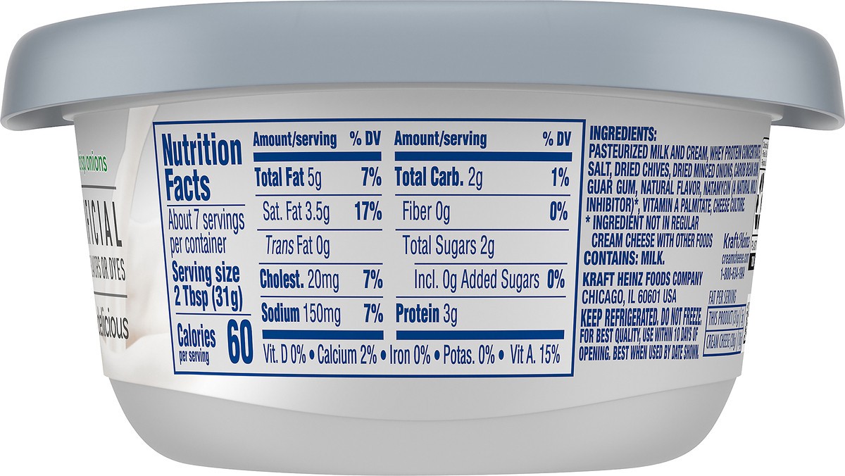 slide 2 of 14, Philadelphia Chive & Onion Reduced Fat Cream Cheese Spread with 1/3 Less Fat, 7.5 oz Tub, 7.5 oz