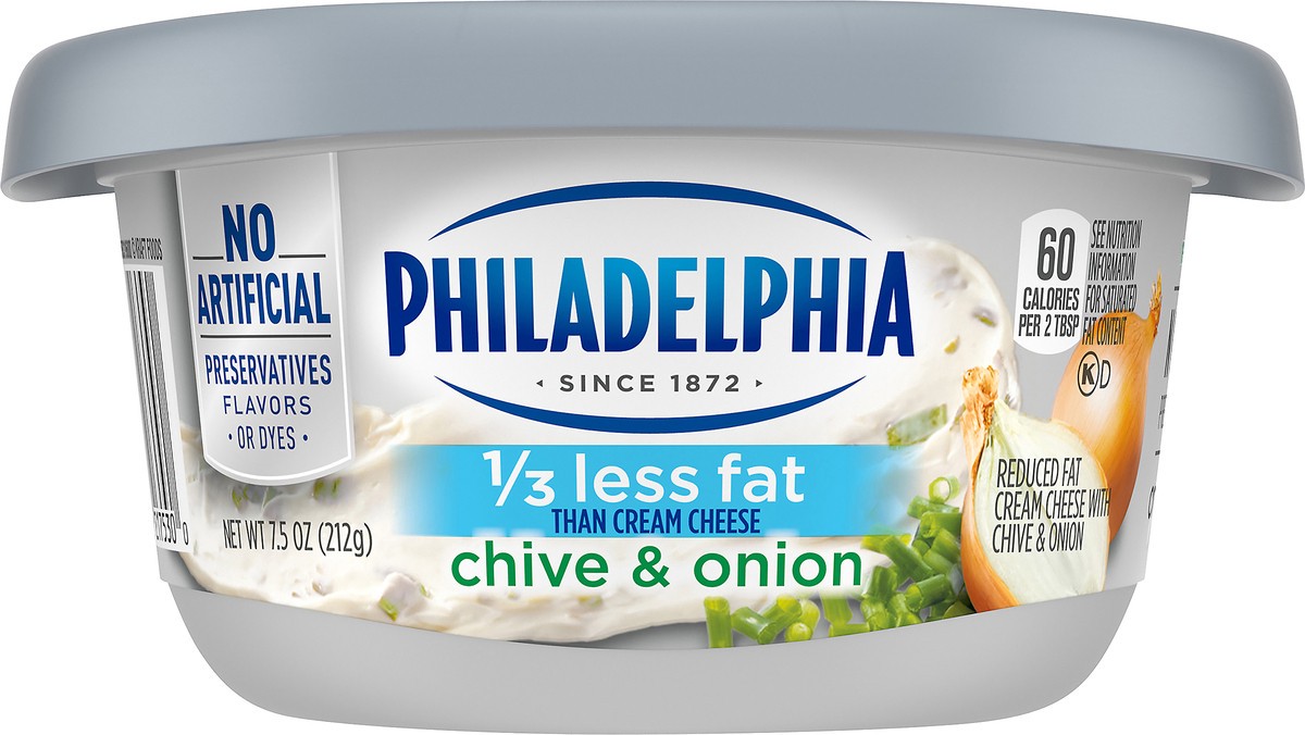 slide 5 of 14, Philadelphia Chive & Onion Reduced Fat Cream Cheese Spread with 1/3 Less Fat, 7.5 oz Tub, 7.5 oz