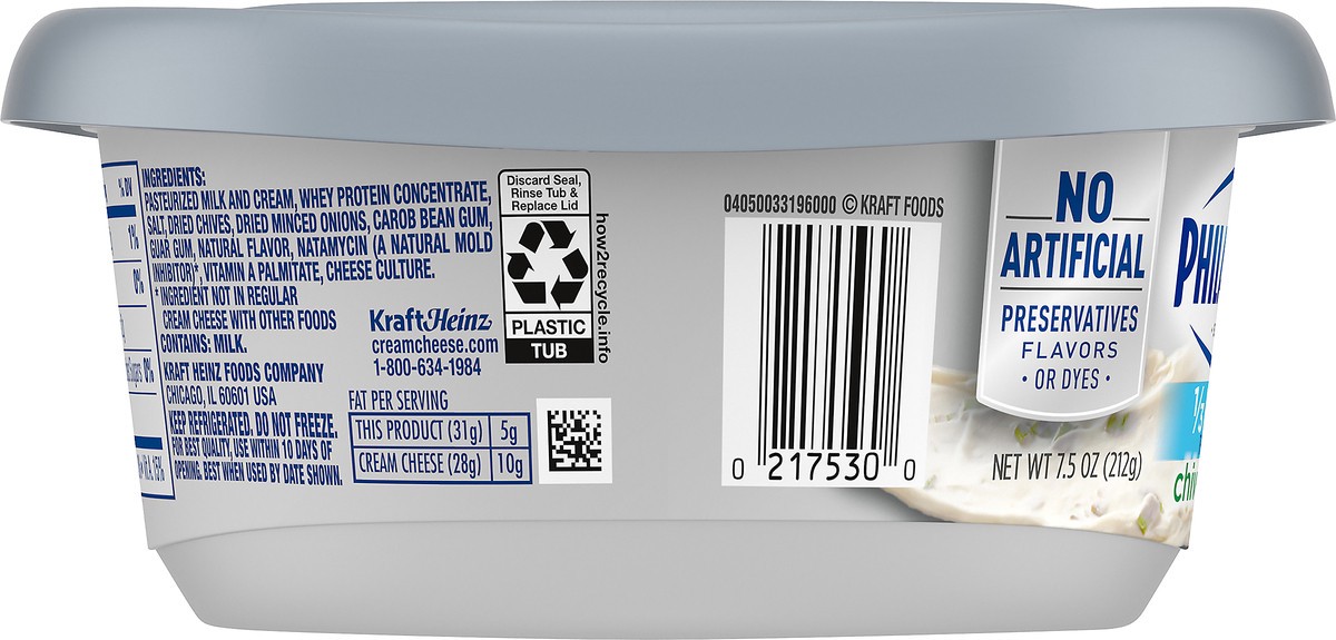 slide 4 of 14, Philadelphia Chive & Onion Reduced Fat Cream Cheese Spread with 1/3 Less Fat, 7.5 oz Tub, 7.5 oz