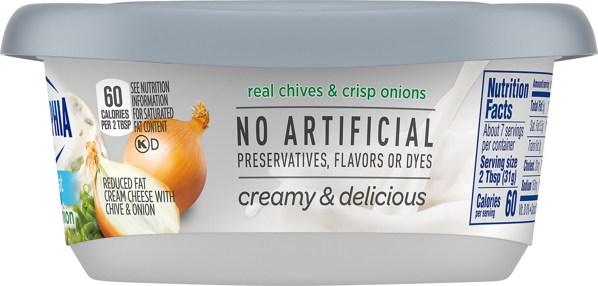 slide 7 of 14, Philadelphia Chive & Onion Reduced Fat Cream Cheese Spread with 1/3 Less Fat, 7.5 oz Tub, 7.5 oz