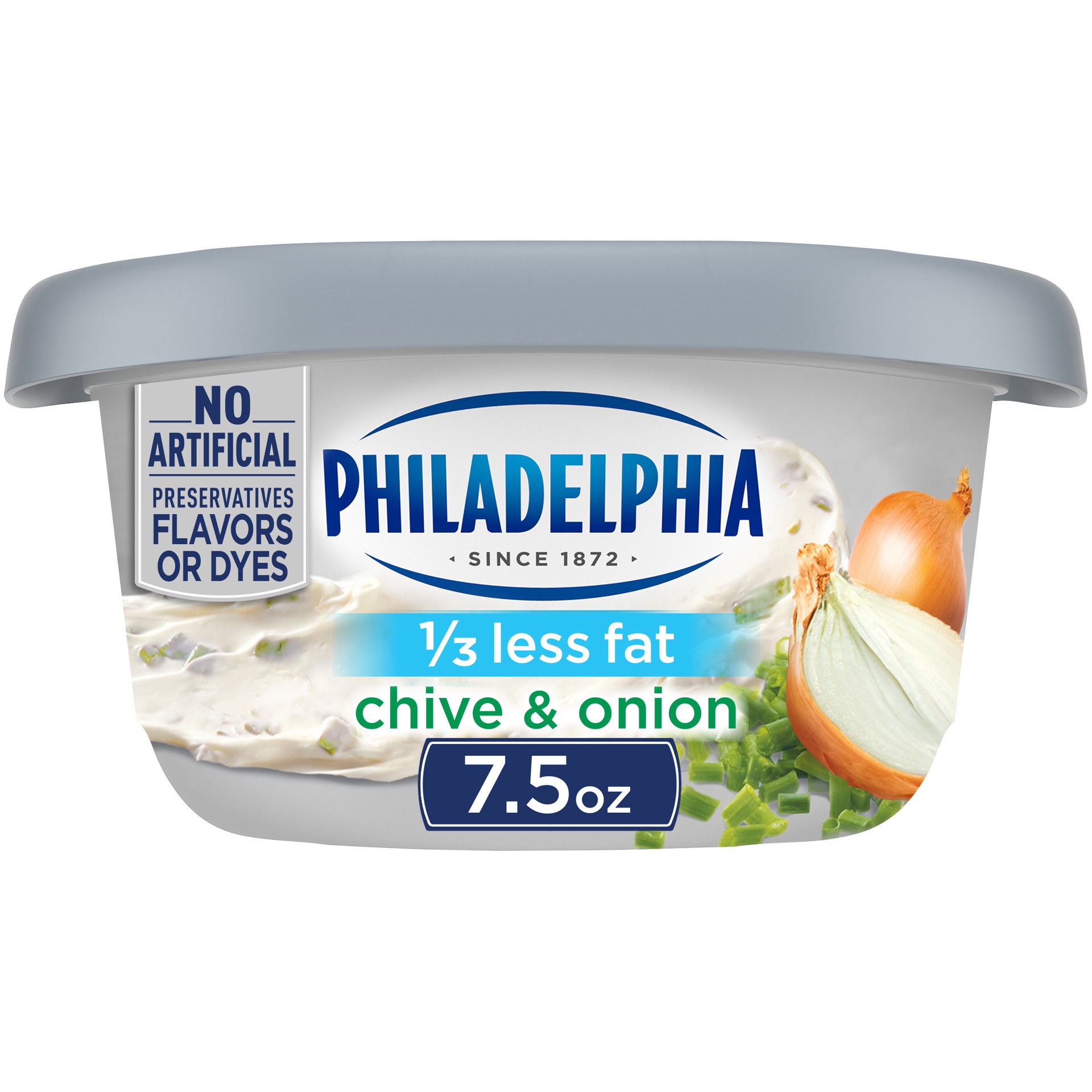 slide 1 of 14, Philadelphia Chive & Onion Reduced Fat Cream Cheese Spread with 1/3 Less Fat, 7.5 oz Tub, 7.5 oz