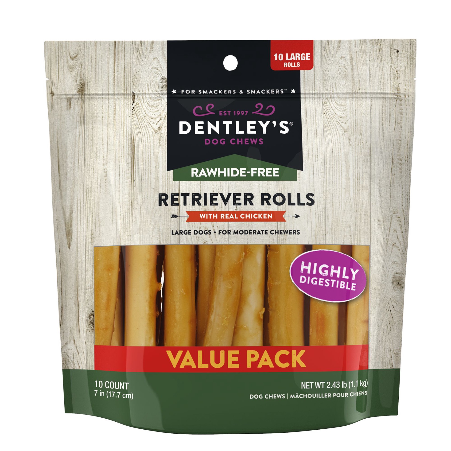slide 1 of 1, Dentley's Rawhide Free Retriever Rolls 7 Dog Treats - 10 Count", 10 ct