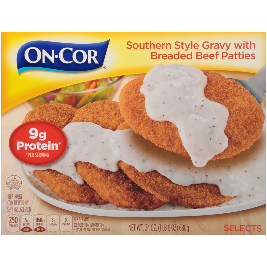 slide 1 of 1, On-Cor Southern Style Gravy with Breaded Beef Patties, 24 oz